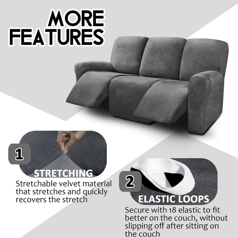 ULTICOR 8-Pieces Recliner Sofa Covers Velvet Stretch Reclining Couch Covers for 3 Cushion Reclining Sofa Slipcovers Furniture Covers Thick Soft Washable (Dark Gray) Home & Garden > Decor > Chair & Sofa Cushions ULTICOR   