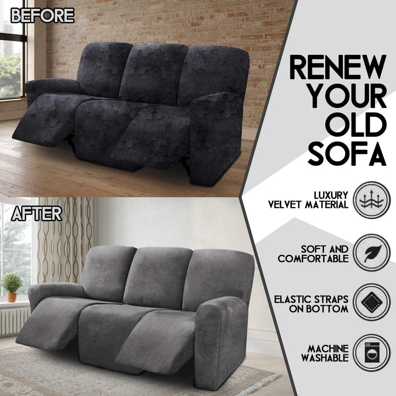 ULTICOR 8-Pieces Recliner Sofa Covers Velvet Stretch Reclining Couch Covers for 3 Cushion Reclining Sofa Slipcovers Furniture Covers Thick Soft Washable (Dark Gray) Home & Garden > Decor > Chair & Sofa Cushions ULTICOR   