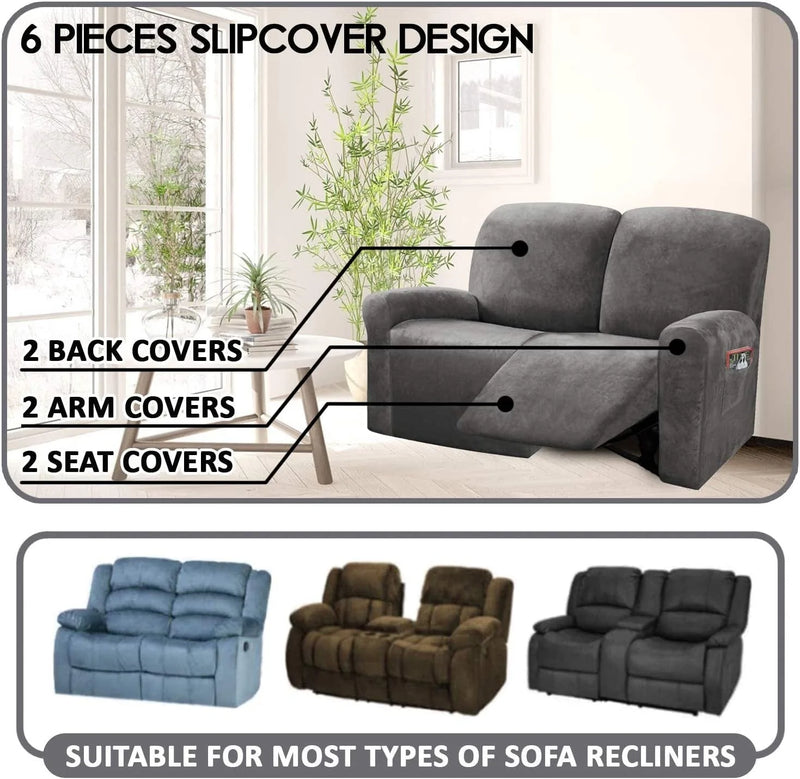ULTICOR Reclining Love Seat Slipcover, 48" - 65" L, 6-Piece Velvet Stretch Loveseat Reclining Sofa Covers, 2 Seat Love Seat Recliner Cover, Thick, Soft, Washable (Dark Grey) Home & Garden > Decor > Chair & Sofa Cushions ULTICOR   
