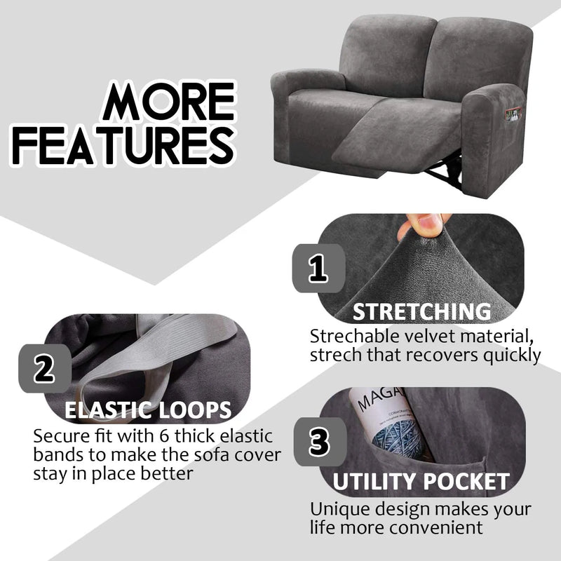 ULTICOR Reclining Love Seat Slipcover, 48" - 65" L, 6-Piece Velvet Stretch Loveseat Reclining Sofa Covers, 2 Seat Love Seat Recliner Cover, Thick, Soft, Washable (Dark Grey) Home & Garden > Decor > Chair & Sofa Cushions ULTICOR   