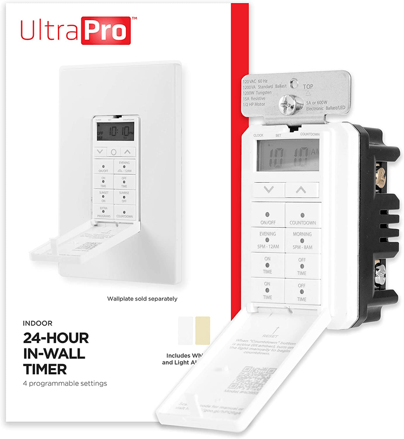 UltraPro 24-Hour Digital in-Wall, Easy-to-Program Timer, Daily presets, to-The-Minute Countdown, ON/Off Override Button, Automatic Lighting Schedule – 40955, 1 Pack, White Home & Garden > Lighting Accessories > Lighting Timers UltraPro 24-Hour | 1 Pack  