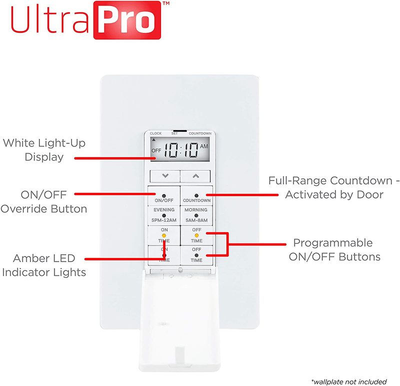 UltraPro 24-Hour Digital in-Wall, Easy-to-Program Timer, Daily presets, to-The-Minute Countdown, ON/Off Override Button, Automatic Lighting Schedule – 40955, 1 Pack, White Home & Garden > Lighting Accessories > Lighting Timers UltraPro   