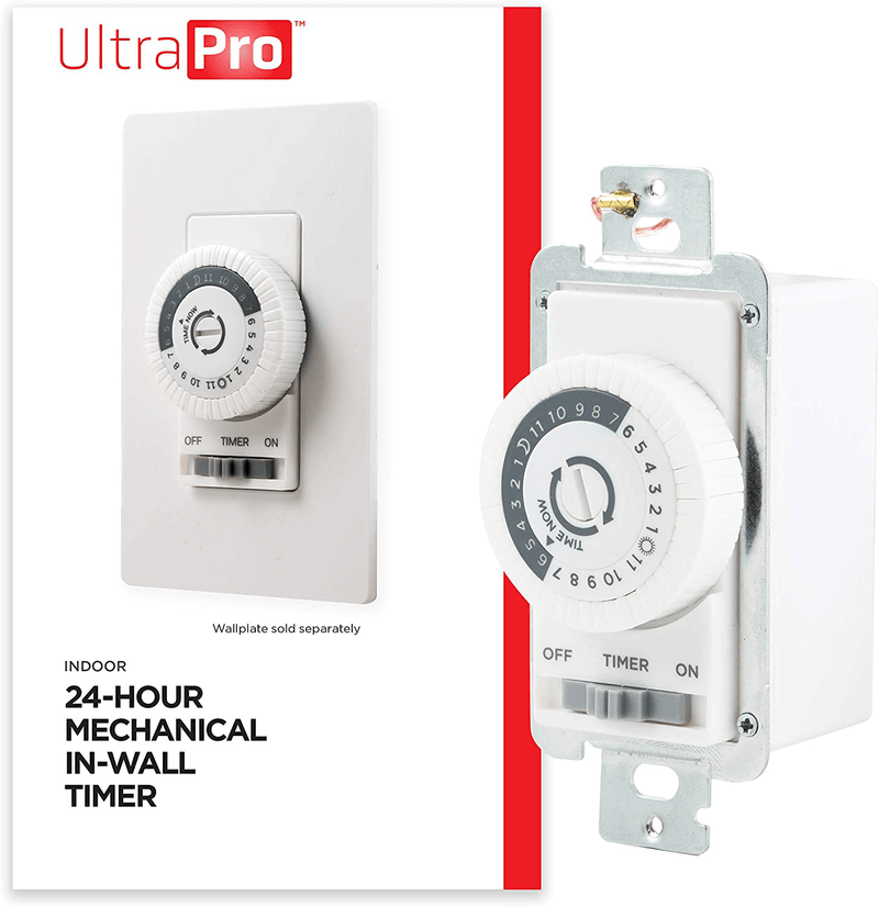 UltraPro 24-Hour Mechanical in-Wall, Dial Timer, 30-Minute Intervals, Push Pins, Neutral Wire Required, Override Switch, Single-Pole, Ideal for Lights, LED, CFL, 41092, White. Home & Garden > Lighting Accessories > Lighting Timers UltraPro 24-Hour | 1 Pack  
