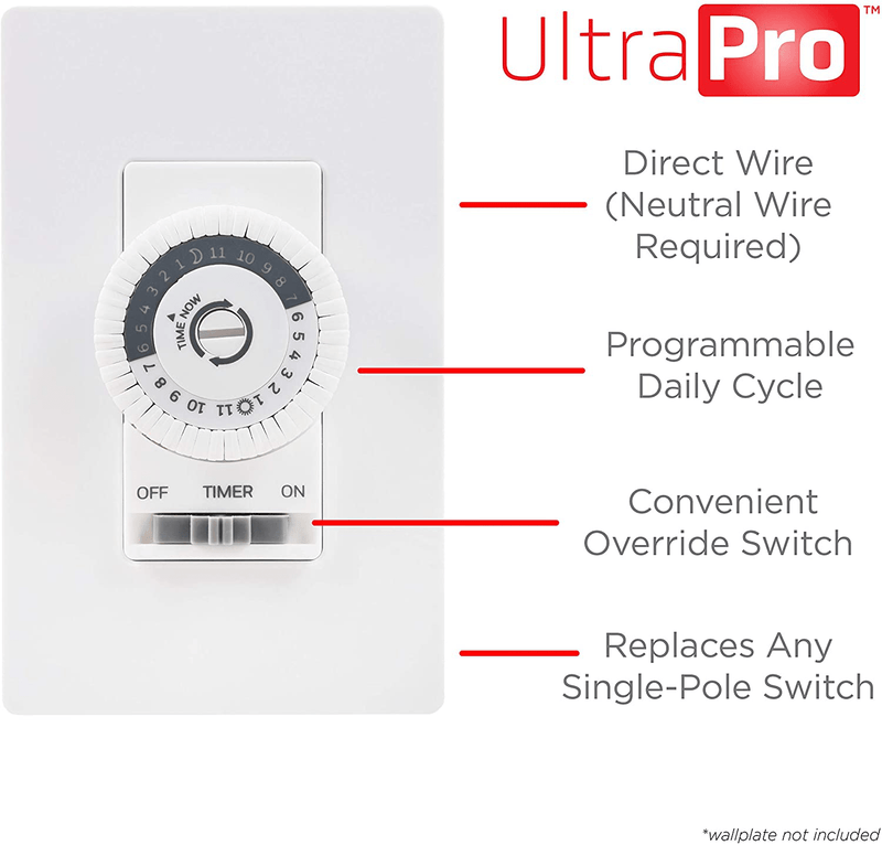 UltraPro 24-Hour Mechanical in-Wall, Dial Timer, 30-Minute Intervals, Push Pins, Neutral Wire Required, Override Switch, Single-Pole, Ideal for Lights, LED, CFL, 41092, White. Home & Garden > Lighting Accessories > Lighting Timers UltraPro   