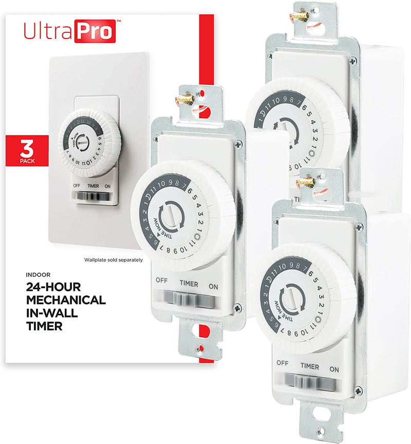 UltraPro 24-Hour Mechanical in-Wall, Dial Timer, 30-Minute Intervals, Push Pins, Neutral Wire Required, Override Switch, Single-Pole, Ideal for Lights, LED, CFL, 41092, White. Home & Garden > Lighting Accessories > Lighting Timers UltraPro 24-Hour | 3 Pack  