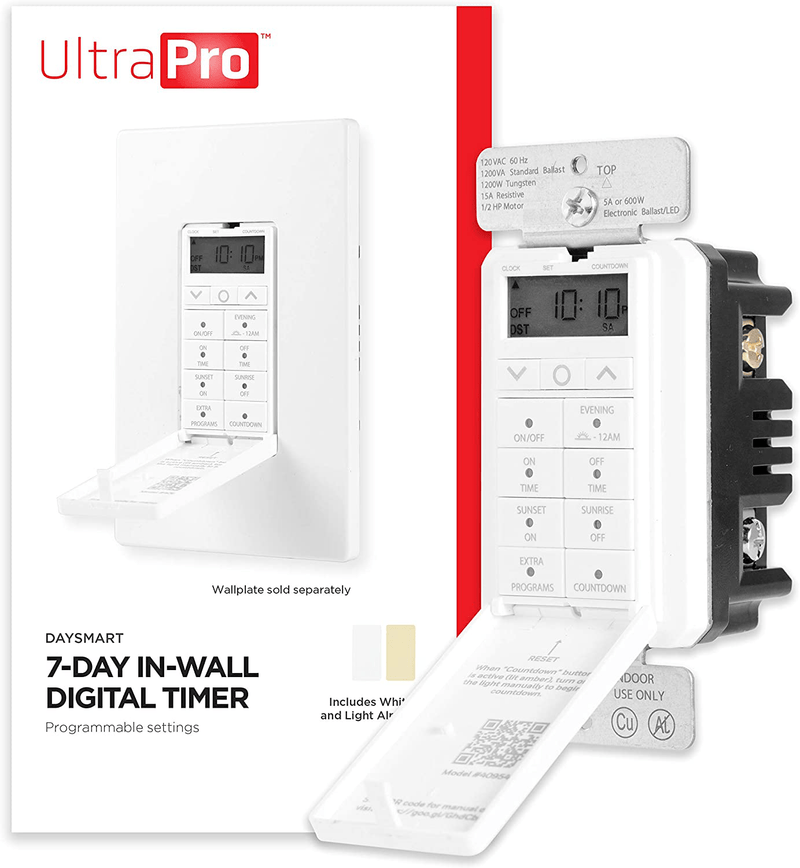 UltraPro Daysmart 7-Day In-Wall Digital Timer Switch, Presets/Countdown, Programmable Settings, Override, Sunrise/Sunset, Ideal for Indoor, Porch, Seasonal Lighting, LED, 40954 , White Home & Garden > Lighting Accessories > Lighting Timers UltraPro Daysmart 7-Day | 1 Pack  
