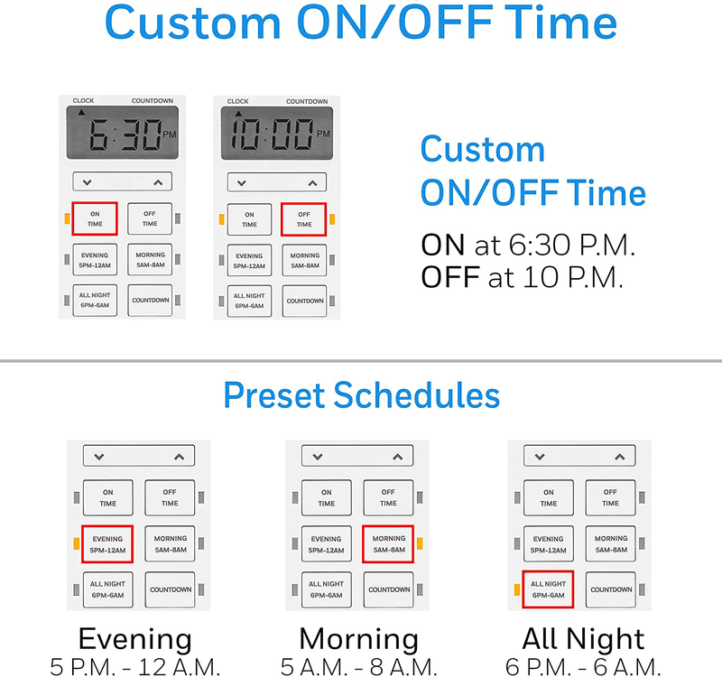 UltraPro Indoor Plug-in Digital Timer, ON/Off Button, Custom Settings, Presets/Countdown, 2 Polarized Outlets, Ideal for Lamps, Hard-to-Reach Lighting, Seasonal, LED, 45183