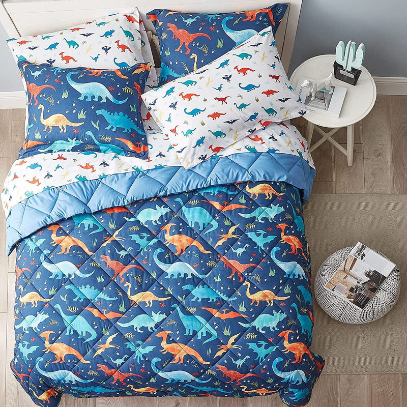 Umchord Dinosaur Kids Bedding Set for Boys, Queen Size 7 Pieces Bed in a Bag, Super Soft Lightweight Microfiber Comforter Set with Sheets, Durable Children Bed Set Home & Garden > Linens & Bedding > Bedding LMHOME   
