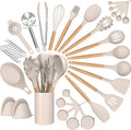 Umite Chef 36Pcs Silicone Kitchen Cooking Utensils with Holder, Heat Resistant Cooking Utensils Sets Wooden Handle, Khaki Nonstick Kitchen Gadgets Tools Include Spatula Spoons Turner Pizza Cutter Home & Garden > Kitchen & Dining > Kitchen Tools & Utensils Umite Chef Khaki  