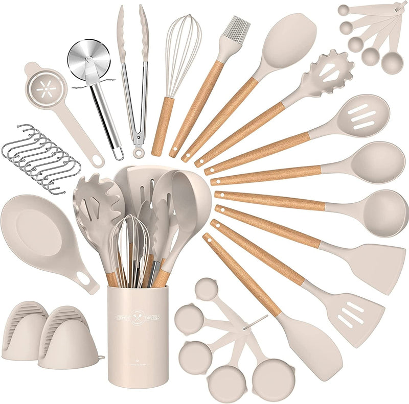 Umite Chef 36Pcs Silicone Kitchen Cooking Utensils with Holder, Heat Resistant Cooking Utensils Sets Wooden Handle, Khaki Nonstick Kitchen Gadgets Tools Include Spatula Spoons Turner Pizza Cutter