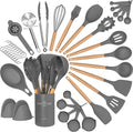 Umite Chef 36Pcs Silicone Kitchen Cooking Utensils with Holder, Heat Resistant Cooking Utensils Sets Wooden Handle, Khaki Nonstick Kitchen Gadgets Tools Include Spatula Spoons Turner Pizza Cutter Home & Garden > Kitchen & Dining > Kitchen Tools & Utensils Umite Chef Gray  