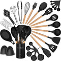 Umite Chef 36Pcs Silicone Kitchen Cooking Utensils with Holder, Heat Resistant Cooking Utensils Sets Wooden Handle, Khaki Nonstick Kitchen Gadgets Tools Include Spatula Spoons Turner Pizza Cutter Home & Garden > Kitchen & Dining > Kitchen Tools & Utensils Umite Chef Black  