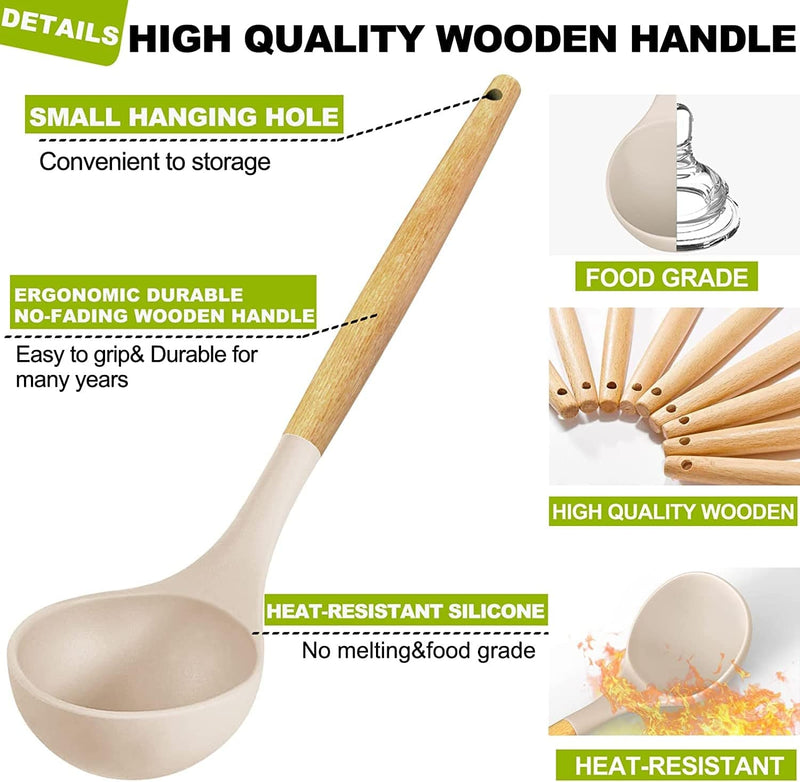 Umite Chef 36Pcs Silicone Kitchen Cooking Utensils with Holder, Heat Resistant Cooking Utensils Sets Wooden Handle, Khaki Nonstick Kitchen Gadgets Tools Include Spatula Spoons Turner Pizza Cutter Home & Garden > Kitchen & Dining > Kitchen Tools & Utensils Umite Chef   