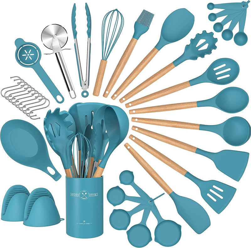 Umite Chef 36Pcs Silicone Kitchen Cooking Utensils with Holder, Heat Resistant Cooking Utensils Sets Wooden Handle, Khaki Nonstick Kitchen Gadgets Tools Include Spatula Spoons Turner Pizza Cutter Home & Garden > Kitchen & Dining > Kitchen Tools & Utensils Umite Chef Blue  