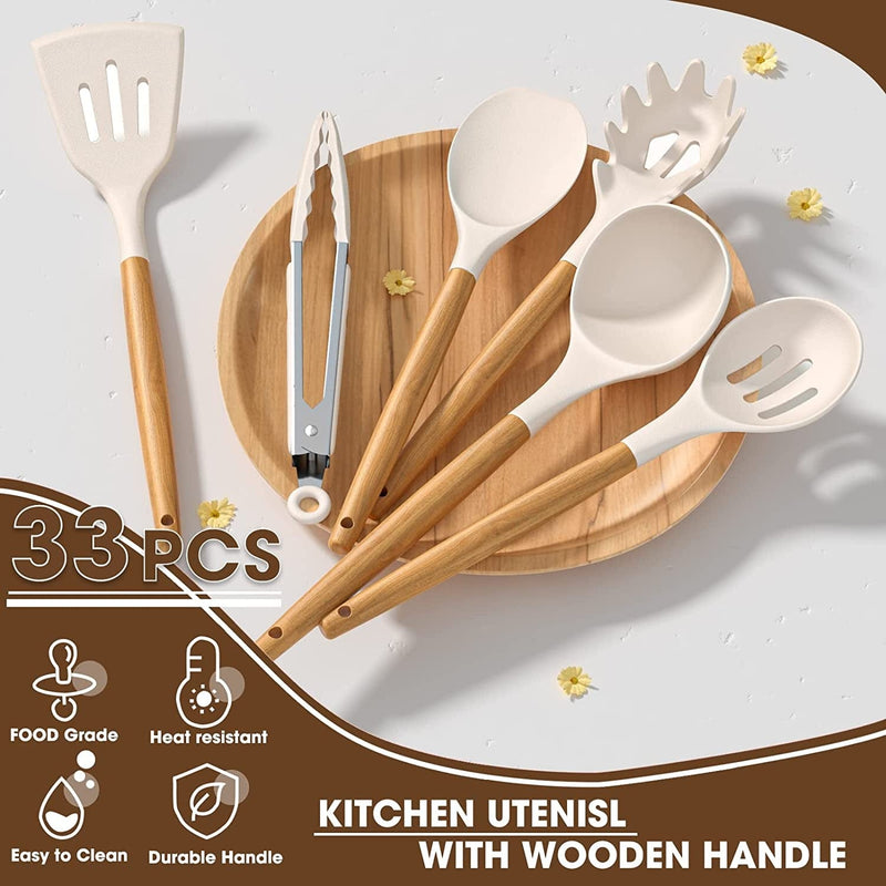 Umite Chef Kitchen Cooking Utensils Set, 33 Pcs Non-Stick Silicone Cooking Kitchen Utensils Spatula Set with Holder, Wooden Handle Silicone Kitchen Gadgets Utensil Set (Khaki)