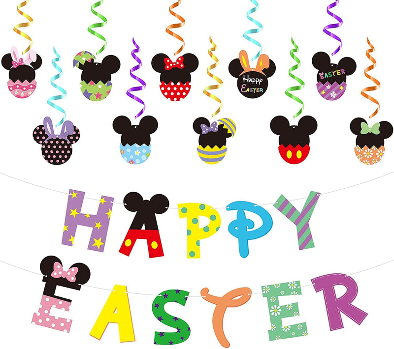Unbess Mickey Happy Easter Banner Hanging Swirls for Easter Party, Cute Garland Swirls Easter Egg Bunny Foil Ceiling Hanging Streamers for Kids Party Decorations Supplies Home School Photo Props Home & Garden > Decor > Seasonal & Holiday Decorations Unbess   