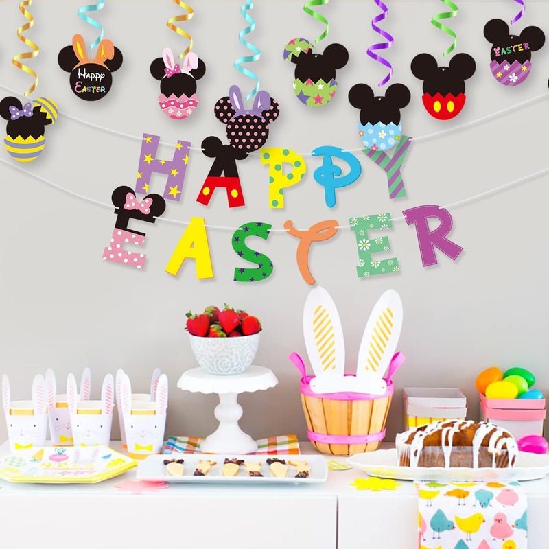 Unbess Mickey Happy Easter Banner Hanging Swirls for Easter Party, Cute Garland Swirls Easter Egg Bunny Foil Ceiling Hanging Streamers for Kids Party Decorations Supplies Home School Photo Props