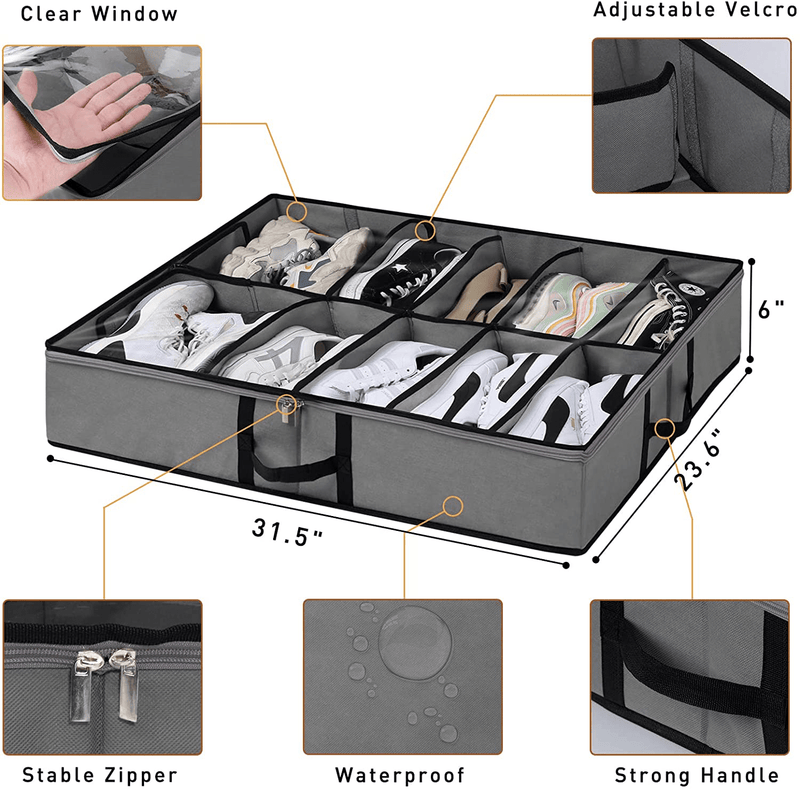 Under Bed Shoe Storage, 2 Pcs Large Underbed Shoe Organizer Rack Containers, Adjustable Sturdy Clear Shoes Storage Box with Handles Fits 24 Pairs Shoes|Boots, Shoe Solutions Bins for Closet Cabinet