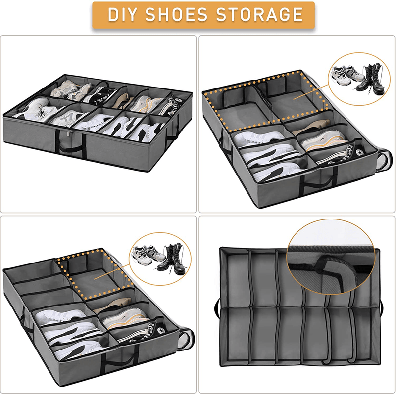 Under Bed Shoe Storage, 2 Pcs Large Underbed Shoe Organizer Rack Containers, Adjustable Sturdy Clear Shoes Storage Box with Handles Fits 24 Pairs Shoes|Boots, Shoe Solutions Bins for Closet Cabinet