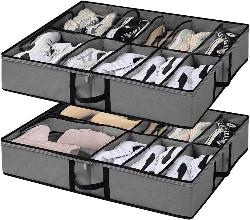 Under Bed Shoe Storage, 2 Pcs Large Underbed Shoe Organizer Rack Containers, Adjustable Sturdy Clear Shoes Storage Box with Handles Fits 24 Pairs Shoes|Boots, Shoe Solutions Bins for Closet Cabinet Furniture > Cabinets & Storage > Armoires & Wardrobes punemi 1-Fits 24 Pairs  