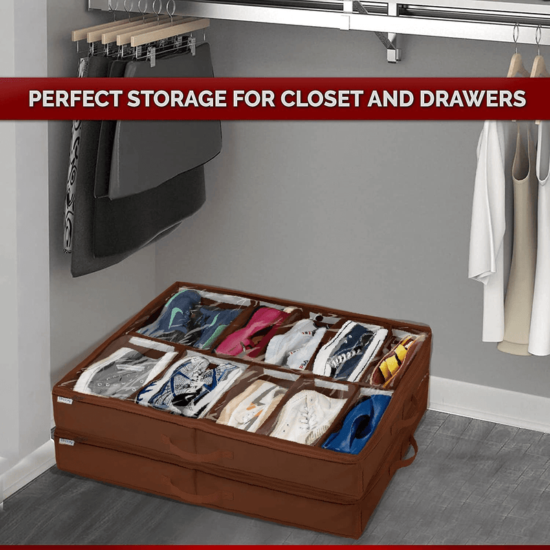 Under Bed Shoe Storage Organizer, Adjustable Dividers (2 Pack Fits 24 Pairs) Shoe Organizer Underbed Containers Solution with Sturdy and Breathable Materials for Sneakers, Boots Great Space Saver for Your Closet (Walnut)