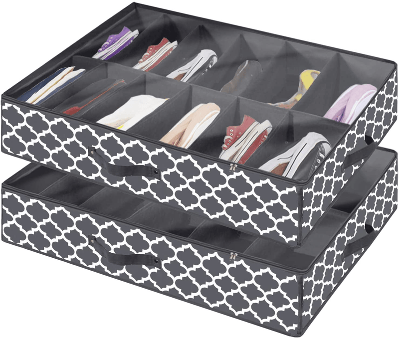 Under Bed Shoe Storage Organizer for Closet (2 Pack Fits 24 Pairs), Underbed Shoes Storage Solution with Clear Cover, for Sneakers, Clothes, Great Space Saver (Gray Lantern Pattern) Furniture > Cabinets & Storage > Armoires & Wardrobes homyfort Gray Lantern Pattern  