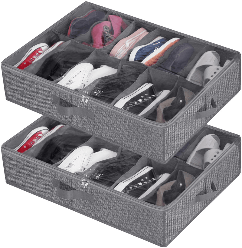 Under Bed Shoe Storage Organizer for Closet (2 Pack Fits 24 Pairs), Underbed Shoes Storage Solution with Clear Cover, for Sneakers, Clothes, Great Space Saver (Gray Lantern Pattern) Furniture > Cabinets & Storage > Armoires & Wardrobes homyfort Gray with Pattern  