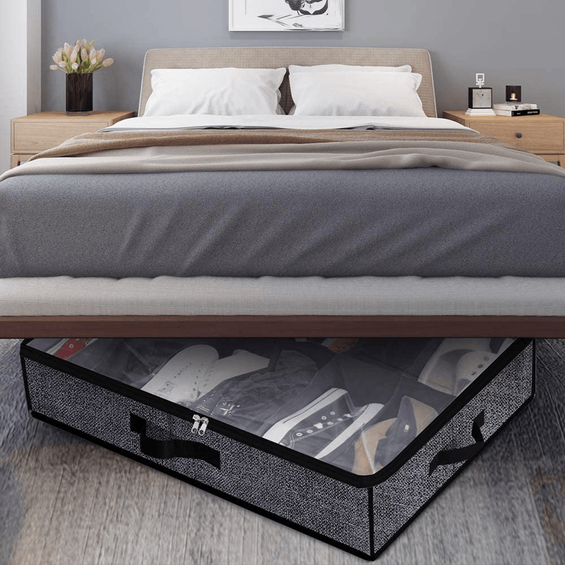 Under Bed Shoe Storage Organizer for Closet Fits 24 Pairs - Sturdy Underbed Shoe Container Box Bedding Storage with Clear Cover Set of 2 Black with Printing Furniture > Cabinets & Storage > Armoires & Wardrobes homyfort   