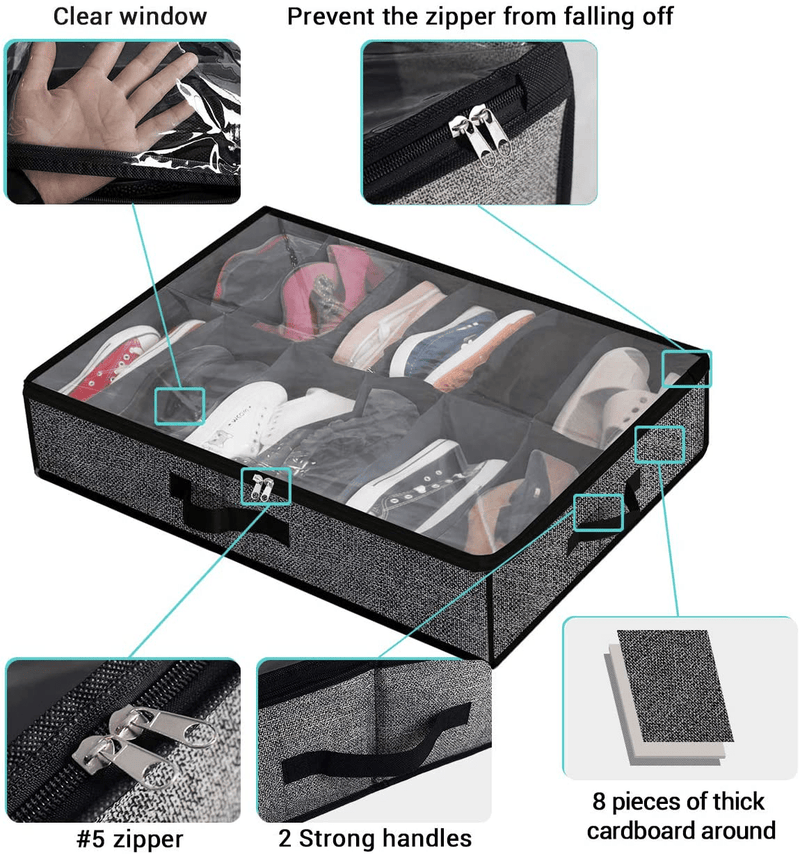 Under Bed Shoe Storage Organizer for Closet Fits 24 Pairs - Sturdy Underbed Shoe Container Box Bedding Storage with Clear Cover Set of 2 Black with Printing Furniture > Cabinets & Storage > Armoires & Wardrobes homyfort   