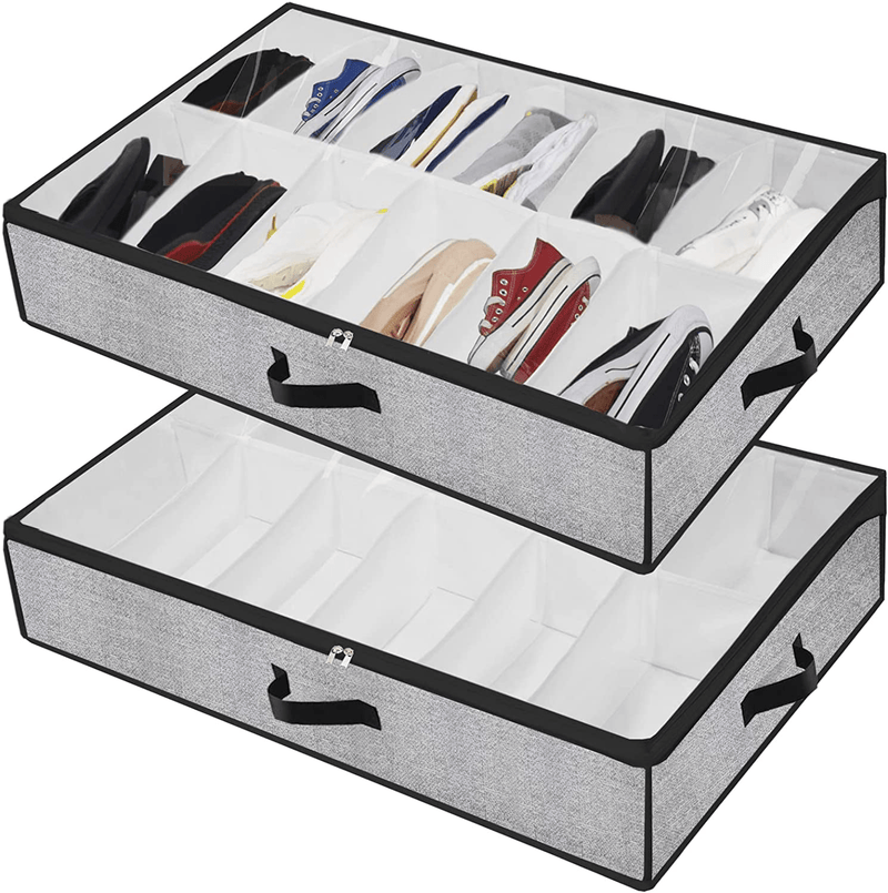 Under Bed Shoe Storage Organizer for Closet Fits 24 Pairs - Sturdy Underbed Shoe Container Box Bedding Storage with Clear Cover Set of 2 Black with Printing Furniture > Cabinets & Storage > Armoires & Wardrobes homyfort Linen-like White  