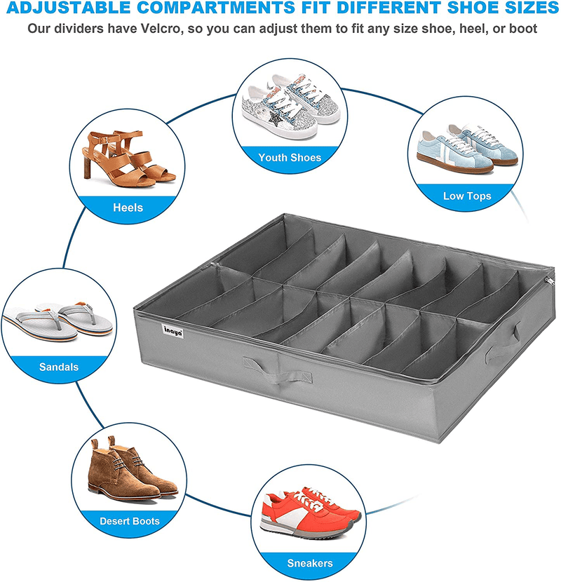 Under Bed Shoe Storage Organizer Set of 2, Fits 32 Pairs, Underbed Shoe Box Storage Containers Adjustable Dividers W/ Bottom Support Velcro, Clear Foldable Shoes Storage W/ Reinforced Handles Furniture > Cabinets & Storage > Armoires & Wardrobes Inaya   
