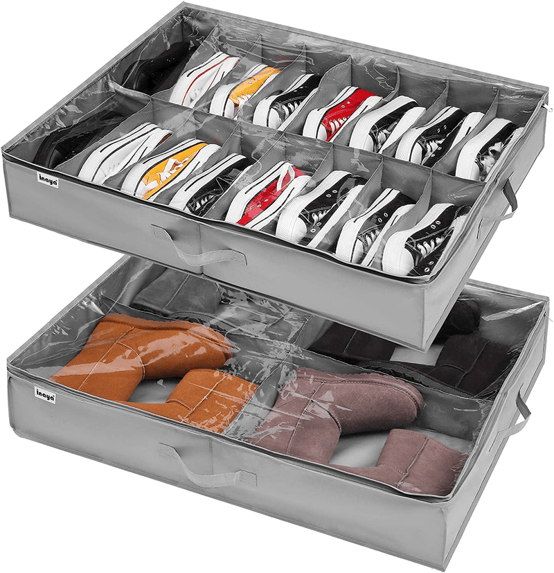 Under Bed Shoe Storage Organizer Set of 2, Fits 32 Pairs, Underbed Shoe Box Storage Containers Adjustable Dividers W/ Bottom Support Velcro, Clear Foldable Shoes Storage W/ Reinforced Handles Furniture > Cabinets & Storage > Armoires & Wardrobes Inaya 1 Shoes + 1 Boots (16+4 Cells)  