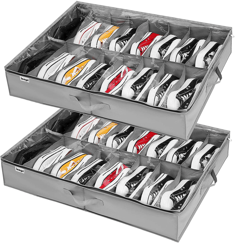Under Bed Shoe Storage Organizer Set of 2, Fits 32 Pairs, Underbed Shoe Box Storage Containers Adjustable Dividers W/ Bottom Support Velcro, Clear Foldable Shoes Storage W/ Reinforced Handles Furniture > Cabinets & Storage > Armoires & Wardrobes Inaya 1 Shoes + 1 Shoes (16+16 Cells)  