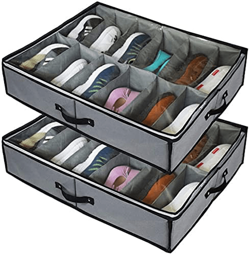Under Bed Shoe Storage Organizers ，2 Pack Fit 24 Pairs, Underbed Shoe Storage Containers Box Bags with Clear Cover ,Reinforced Handles ,Sturdy Zippers,Breathable Fabric Grey Furniture > Cabinets & Storage > Armoires & Wardrobes VAKMRVE   