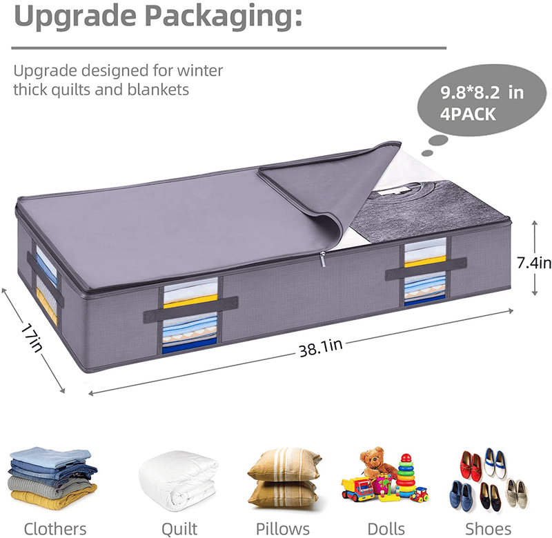 Under Bed Storage Containers Bags 4 Pack, Large Foldable under Bed Storage Organizer Bins with 4 Handles and 2 Sturdy Zippers Oxford Cloth, Clear Window, for Bedrooms Dorm, Blankets, Pillow and Quits