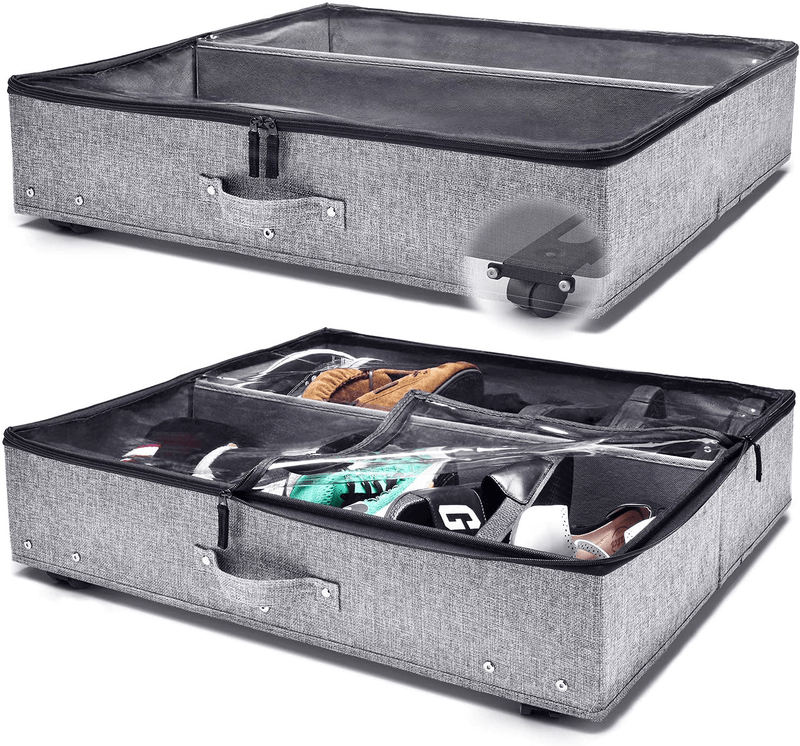 Under Bed Storage with Wheels, Clear Top Cover and Steel Weight-Bearing Elements, for Shoes, Clothing, and Blankets, 28X24X6.5In, Set of 2