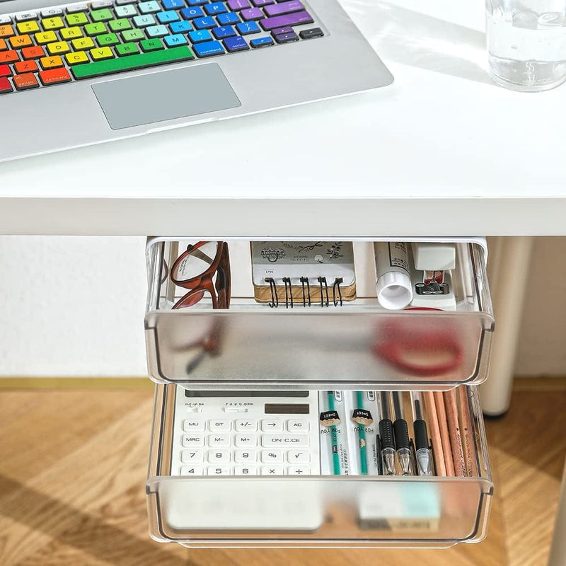 Under Desk Drawer Organizer Slide Out, Hidden Self- Adhesive under Desk Storage Drawer with 2 Layers, Add a Drawer under Table Storage Pencil Drawer for Office/ Classroom/ Home, White