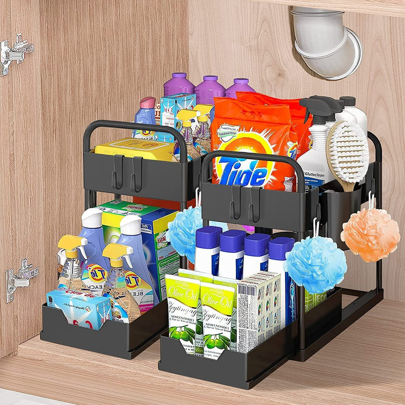 Under Sink Organizers and Storage with Sliding Drawer, 2-Tier Multi-Purpose under Bathroom Storage Rack, Pull-Out under Cabinet Organizer Baskets with Hooks/Hanging Cup/Dividers, 2 Pack…