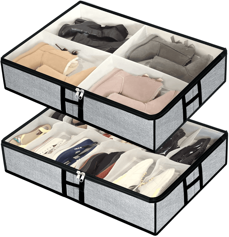 Under the Bed Shoe Organizer Fits 12 Pair Shoes and 4 Pair Boots- Underbed Shoe Container Solution Shoes Box Bins with Clear Window for Sneakers,High Heels,Flip Flop(White) Furniture > Cabinets & Storage > Armoires & Wardrobes homyfort Linen-like white  