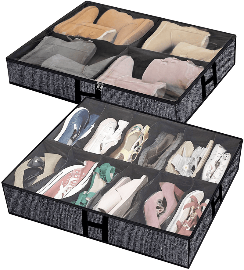Under the Bed Shoe Organizer Fits 12 Pair Shoes and 4 Pair Boots- Underbed Shoe Container Solution Shoes Box Bins with Clear Window for Sneakers,High Heels,Flip Flop(White) Furniture > Cabinets & Storage > Armoires & Wardrobes homyfort Linen-like black  