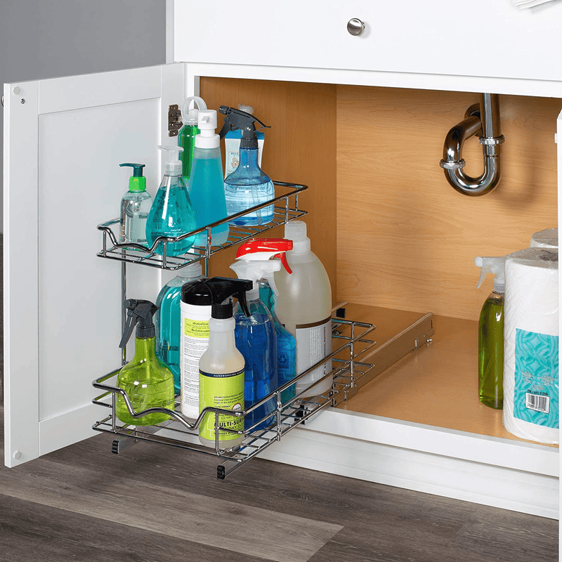 Under the Sink Pull Out Cabinet Organizer Sliding Shelf- Heavy Duty Metal, with 5 Year Limited Warranty- 2 Tier Slide Out Shelf, Multi-Use, for Cleaning Products, Kitchen and Pantry Supplies- anti Rust Chrome