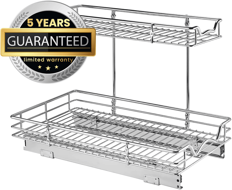 Under the Sink Pull Out Cabinet Organizer Sliding Shelf- Heavy Duty Metal, with 5 Year Limited Warranty- 2 Tier Slide Out Shelf, Multi-Use, for Cleaning Products, Kitchen and Pantry Supplies- anti Rust Chrome