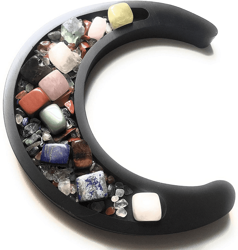 Underground Whispers Small Wooden Moon Tray - Gothic Organizer - Moon Stone & Marble Tray - Goth Room/Bedroom Decor - Display for Oil Diffuser, Stones, Crystals, Jewelry, Keys