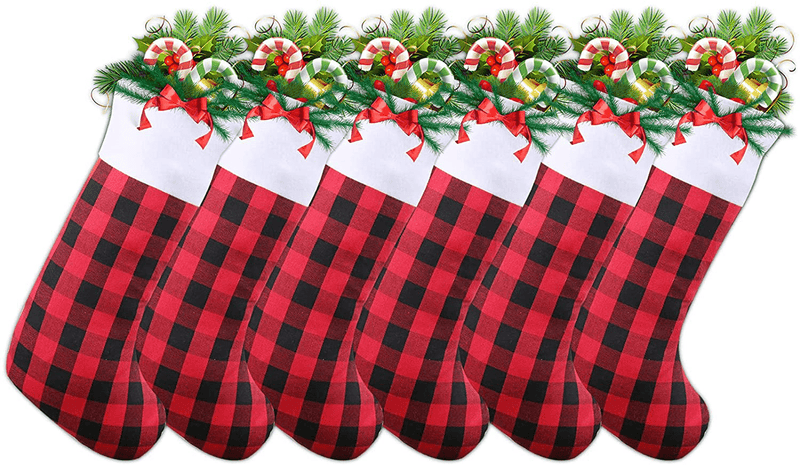 Uneam Christmas Stockings 6 Pack 18 Inch Buffalo Plaid Christmas Stockings White Plush Trim Classic Personalized Large Stocking Decorations for Family Holiday Xmas Party Decoration（Red Black） Home & Garden > Decor > Seasonal & Holiday Decorations& Garden > Decor > Seasonal & Holiday Decorations Uneam Black Red  