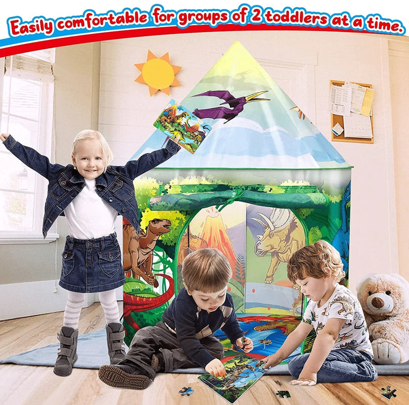 UNGLINGA Dinosaur Kids Play Tent Toys Gifts for Boys Girls Toddler 1 2 3 4 5 6+ Years Old Outdoor Indoor Pop up Tent Instant Playhouse with 2 Puzzle House Backyard Birthday Party