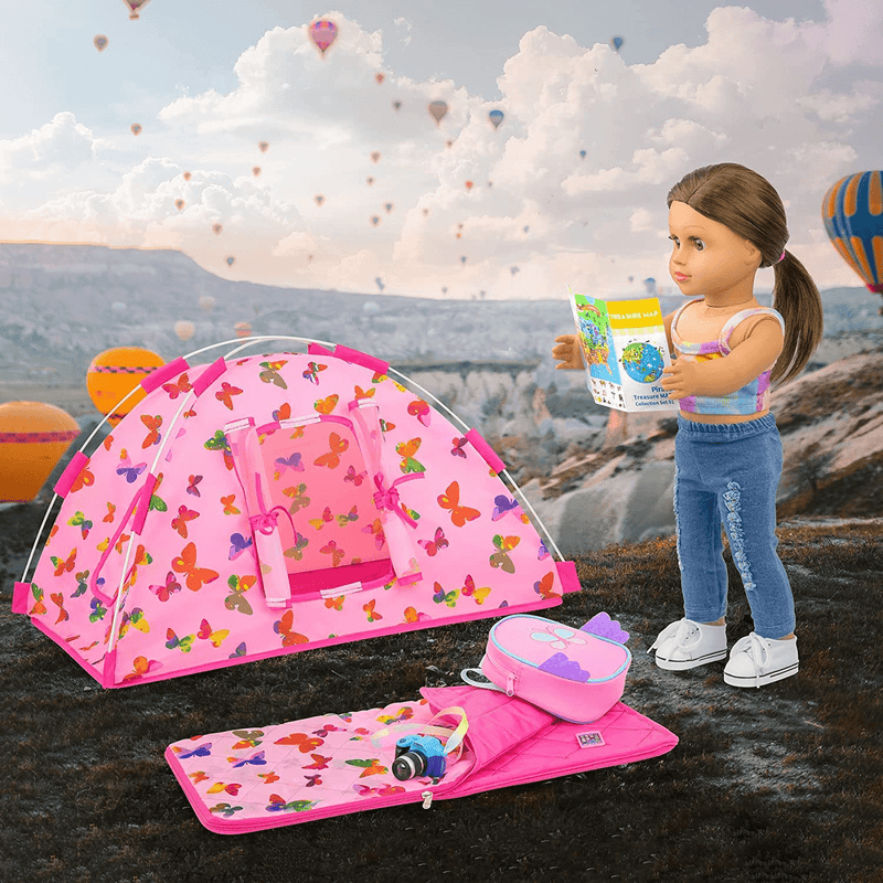UNICORN ELEMENT 7 Items Doll Camping Tent Set for American 18 Inch Girl Doll Accessories - Including 18 Inch Doll Clothes, Tent, Sleeping Bag, Backpack, Camera, Phone and Map Sporting Goods > Outdoor Recreation > Camping & Hiking > Tent Accessories UNICORN ELEMENT   