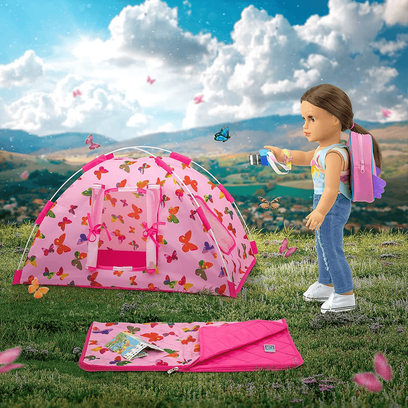 UNICORN ELEMENT 7 Items Doll Camping Tent Set for American 18 Inch Girl Doll Accessories - Including 18 Inch Doll Clothes, Tent, Sleeping Bag, Backpack, Camera, Phone and Map Sporting Goods > Outdoor Recreation > Camping & Hiking > Tent Accessories UNICORN ELEMENT   