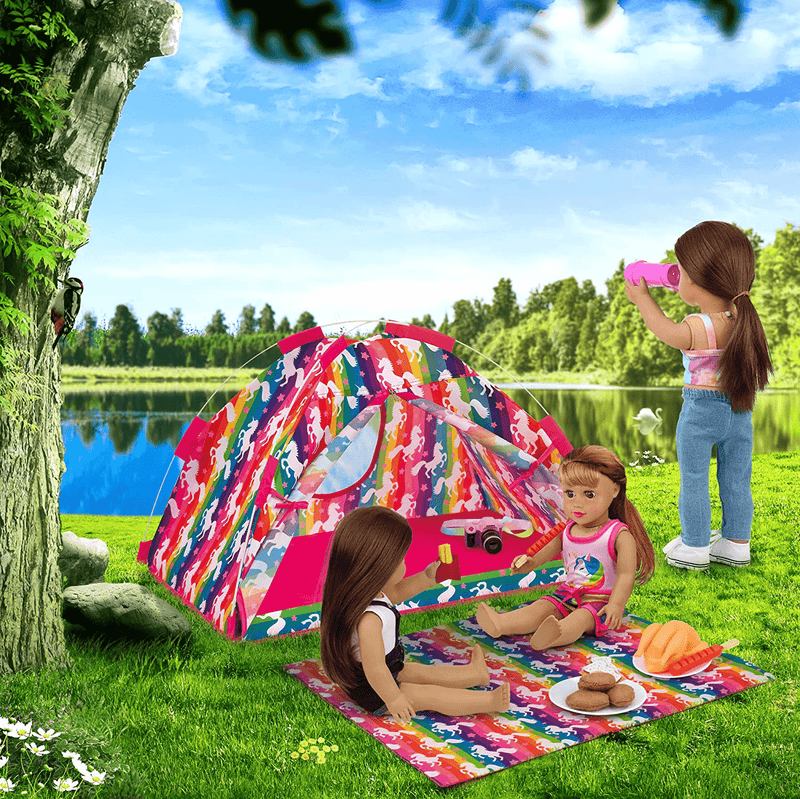 UNICORN ELEMENT American 18 Inch Girl Unicorn Dolls Camping Tent Set and Accessories Including Chocolate Cookies Chicken Nuggets Paper Campfire Roast Chicken Binoculars Etc Sporting Goods > Outdoor Recreation > Camping & Hiking > Tent Accessories 3 months and up   