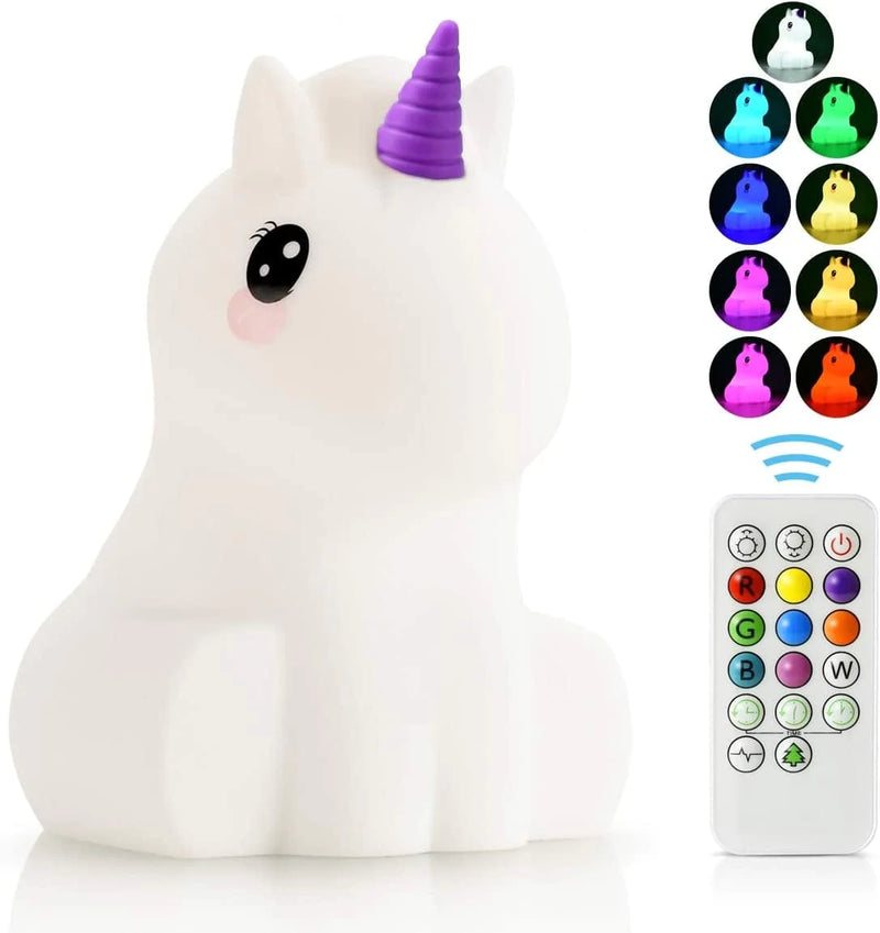 Unicorn Kids Night Light, Kawaii Birthday Gifts Room Decor Bedroom Decorations for Baby Toddler Girls Children, LED 9 Color Changing Animal Portable Squishy Silicone Lamp - Tap & Remote Control