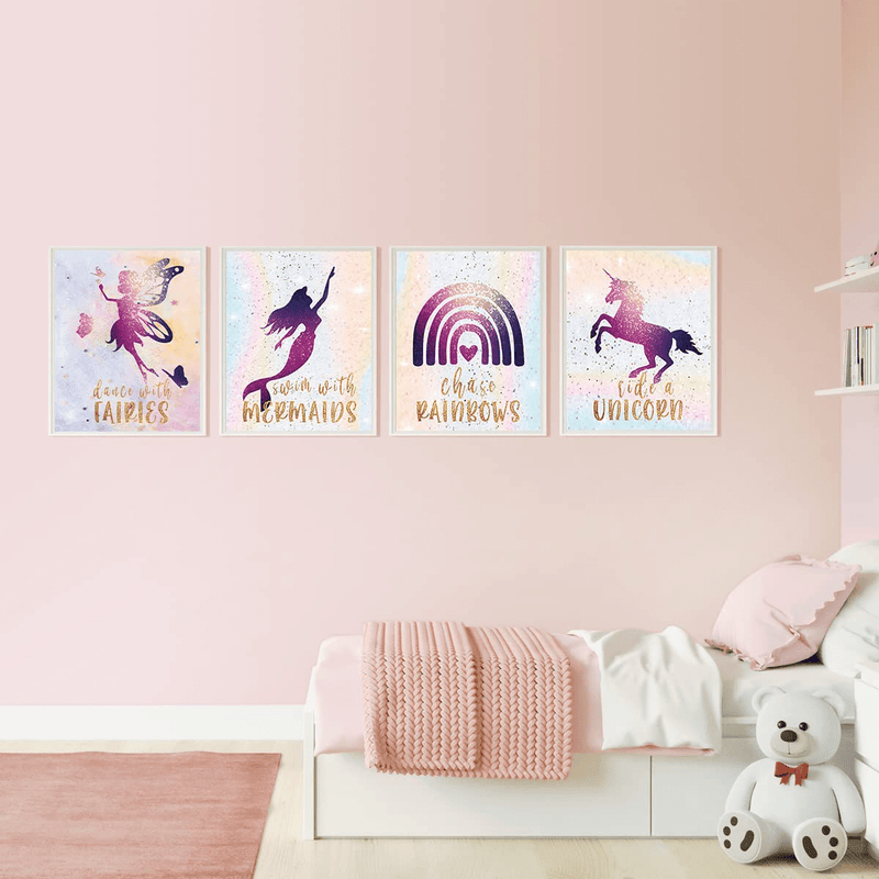 Unicorn Rainbow Fairy Mermaid Girls Room Bedroom Wall Decor Art Prints, Inspirational Kids Children’S Posters, Birthday Party, Bedroom, Bathroom, Playroom (Set of 4, 8’’ X 10’’, Unframed) Home & Garden > Decor > Artwork > Posters, Prints, & Visual Artwork MTL HOE   